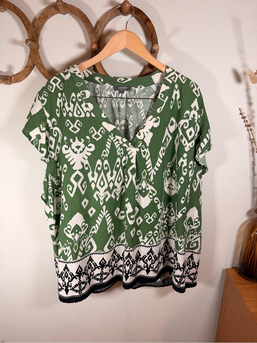 Haute Hippie 3X Linen Blend Ikat Boho Tunic Top Green Black Cream